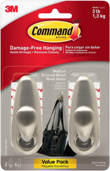 Command 5 lb Large Brushed Nickel Metal Hooks, 2 Coat Hooks and 4 Strips, Damage-Free Hanging with Adhesive, Great for Christmas Decorations