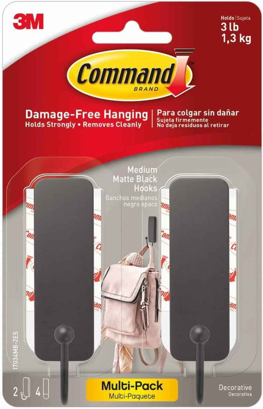 Command Medium Wall Hook, 2 Coat Hooks and 4 Strips, Damage-Free Hanging with Adhesive, No Tools Great for Hanging Home Decor, Holds up to 3 lb