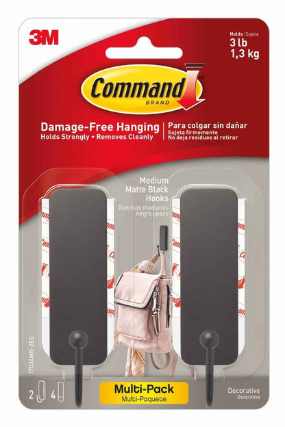 Command Medium Wall Hook, 2 Coat Hooks and 4 Strips, Damage-Free Hanging with Adhesive, No Tools Great for Hanging Home Decor, Holds up to 3 lb