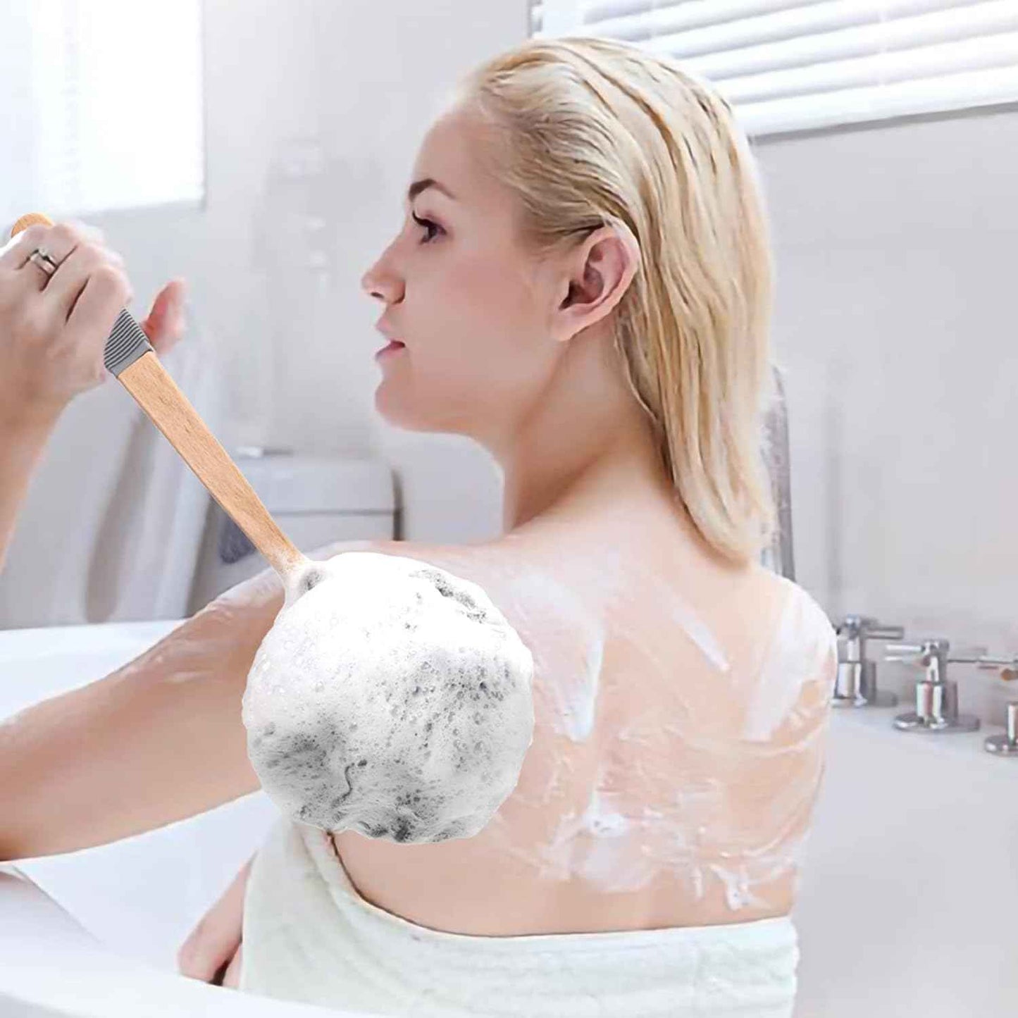 AmazerBath Shower Sponge Loofah Back Scrubber, PE Soft Mesh Loofah Body Scrubber with Long Wooden Handle, Bath Sponge for Men Women
