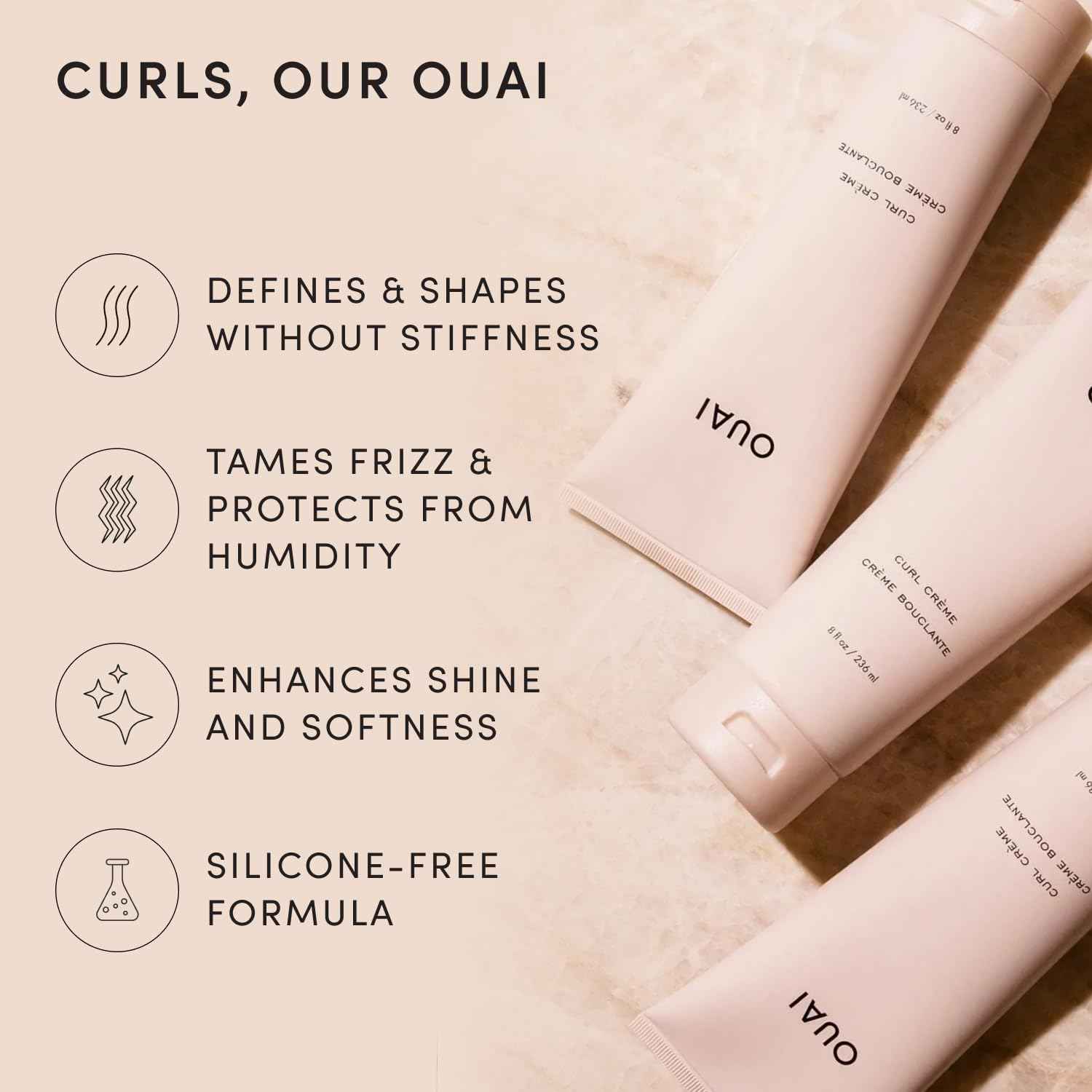 OUAI Curl Cream - Curl Defining Cream with Chia & Linseed Oil - Enhances Definition, Hydration & Shine - Tames Frizz & Protects from Humidity - Silicone-Free Curly Hair Products for Women