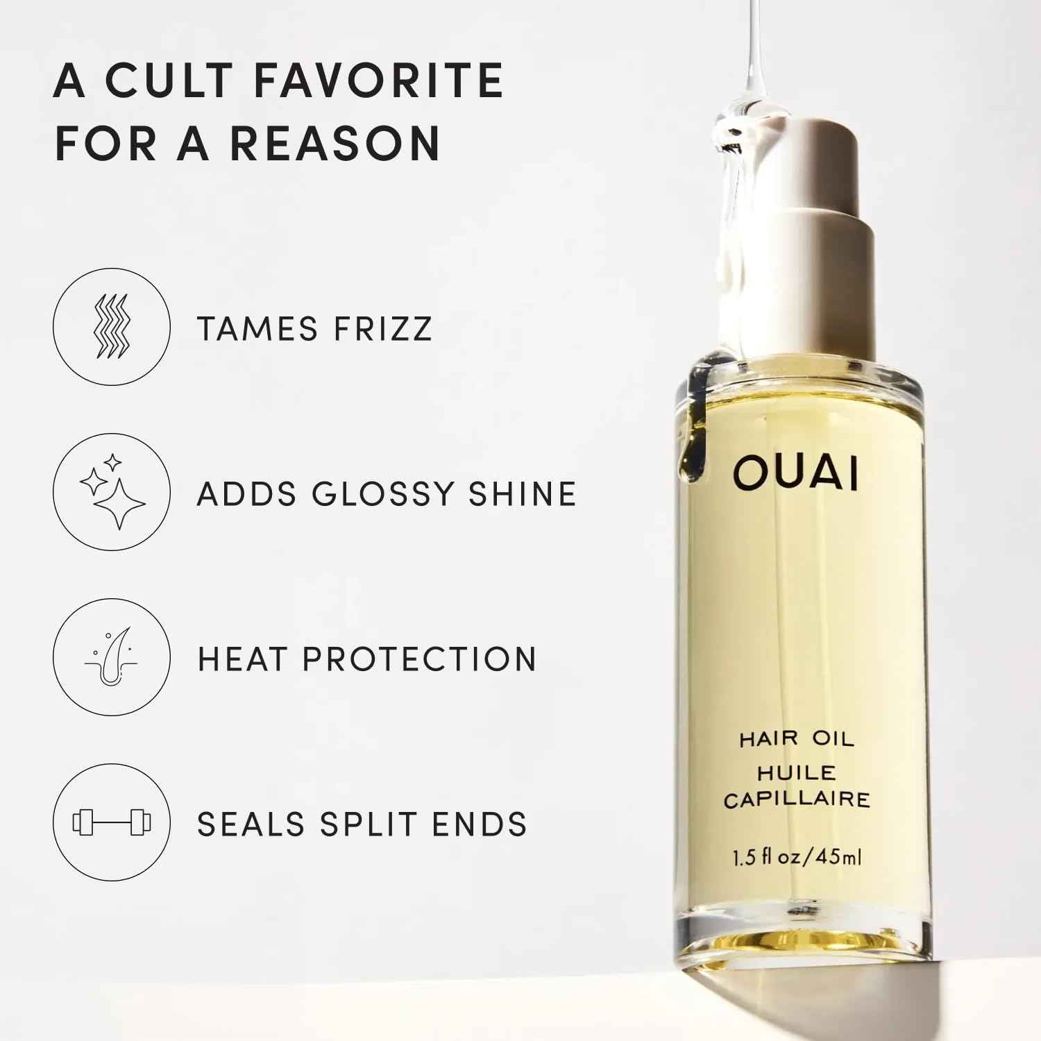 OUAI Hair Oil - Hair Heat Protectant Oil for Frizz Control - Adds Shine and Smooths Split Ends - Color Safe Formula - Paraben, Phthalate and Sulfate Free