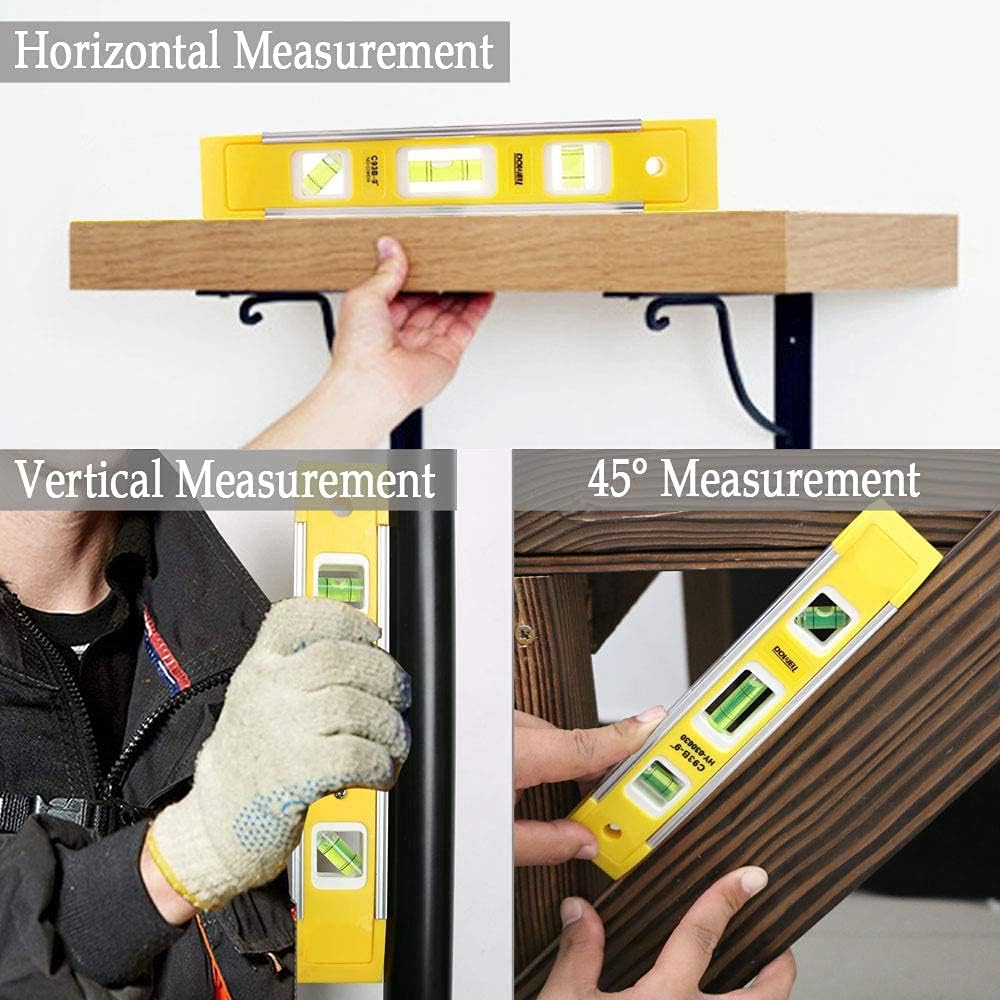 DOWELL_9_Inch_Magnetic_Box_Level_Torpedo_Level,3_Different_Bubbles/45°/90°/180°Measuring_Shock_Resistant_Torpedo_Level