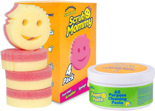 Scrub Sponges & PowerPaste XL Value Pack - 4 Scrub Mommy Multipurpose Dish Sponges & PowerPaste XL All-Purpose Cleaning Paste - Scratch-Free, Multi-Surface Household Cleaning Supplies Kit (5ct)