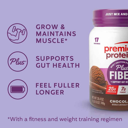 Premier Protein Powder Plus Fiber, 25g Protein, 7g Fiber to Support Gut Health, No Added Sugar (17 Servings)