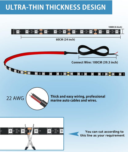 12V_Led_Light_Strip_24"_Connectable_White/Red/Green/Pink/Yellow/Blue/Ice_Blue_Led_Strip_Lights_for_Cars_Golf_Cart_Motorcycle_Boat_Trucks_Waterproof_Interior&_Exterior,_4Pack