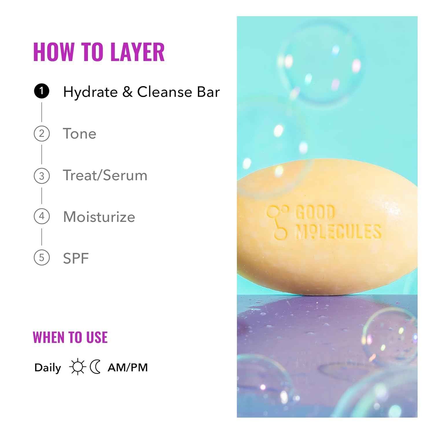 Good Molecules Hydrate and Cleanse Bar - Soap Free Bar with Shea Butter and Macadamia Seed Oil for Ultra Hydrating Body and Face Moisturizer - Skin Care