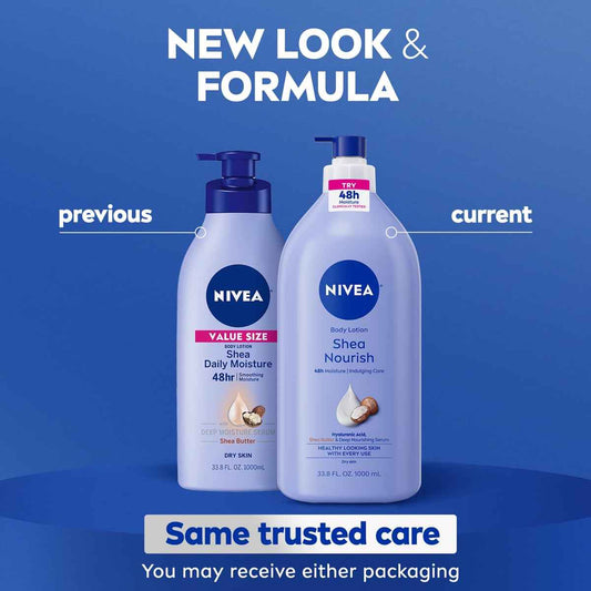 NIVEA Shea Nourish Body Lotion for Dry Skin with Hyaluronic Acid, Shea Butter and Deep Nourishing Serum, 48-Hour Body Moisturizer, 33.8 Fl Oz Pump Bottle