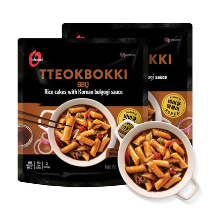 O’Food Tteokbokki Korean Rice Cakes – [BBQ | Pack of 2] – Healthy/Savory/Bold/Fiery, 0 Cholesterol/ 0 Trans Fat/No MSG/No Corn Syrup, Spicy Street Snack, Ready in Minutes