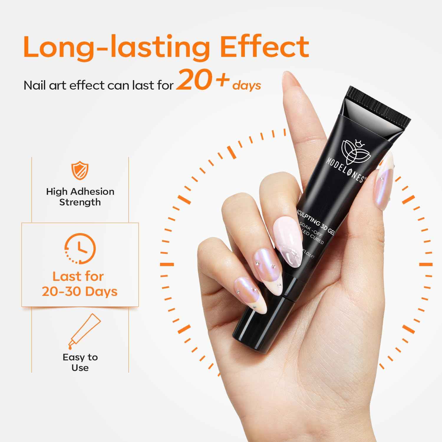 Modelones Nail Art, Sculpting Gel Glue for Molding, Drawing, Charms & Gems Glue, Nail Stuff for Chrome Powder and Rhinestone Design No Wipe, U V Light Cured Salon & DIY Use