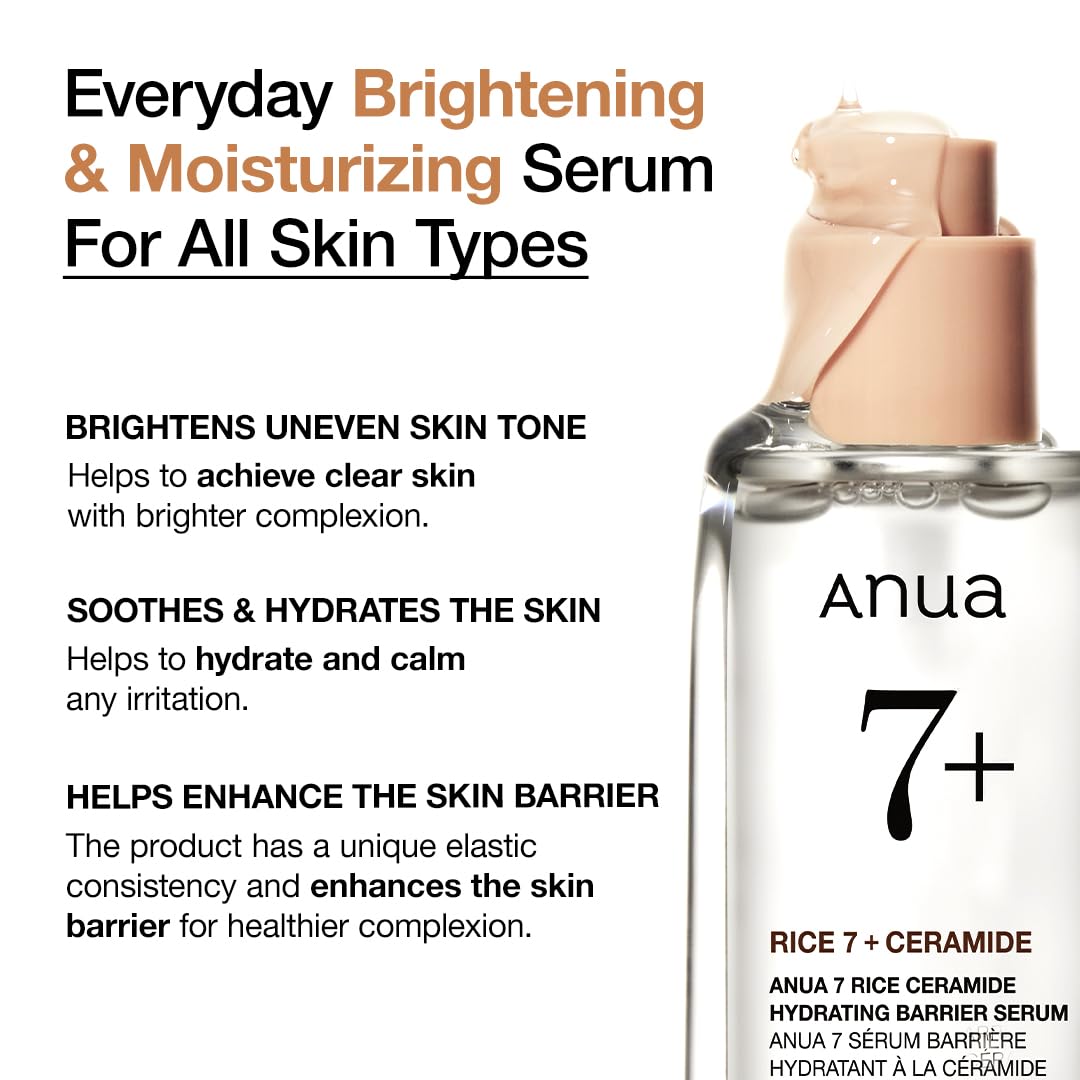 Anua Rice Ceramide 7 Hydrating Barrier Serum, Moisturizing Face Serum, Non-comodogenic, Hyaluronic Acid, Niacinamide, Lightweight, Fragrance Free, Sensitive Dry Skin, Korean Skincare, 1.69 fl oz