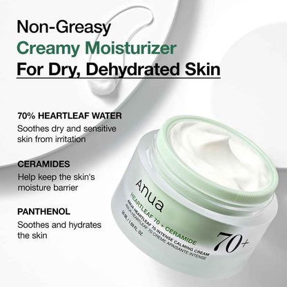 Anua Heartleaf 70 Intense Calming Cream with Ceramide & Panthenol, Face Moisturizer for Dry Skin, Barrier Repair, Glass Skin Hydration, Fragrance-free, Paraben-free, Korean skin care, 1.69 fl.oz