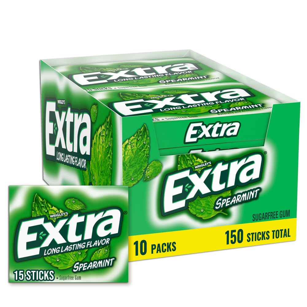 Extra Gum Spearmint Sugarfree Gum Bulk, Individually Wrapped, Perfect for Long Lasting Fresh Breath at School, Work &amp;amp; Travel 15 Count, Pack of 10