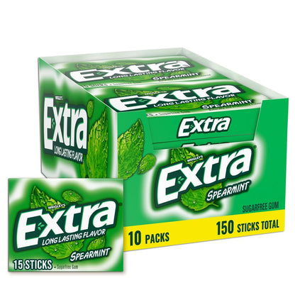 Extra Gum Spearmint Sugarfree Gum Bulk, Individually Wrapped, Perfect for Long Lasting Fresh Breath at School, Work &amp;amp; Travel 15 Count, Pack of 10