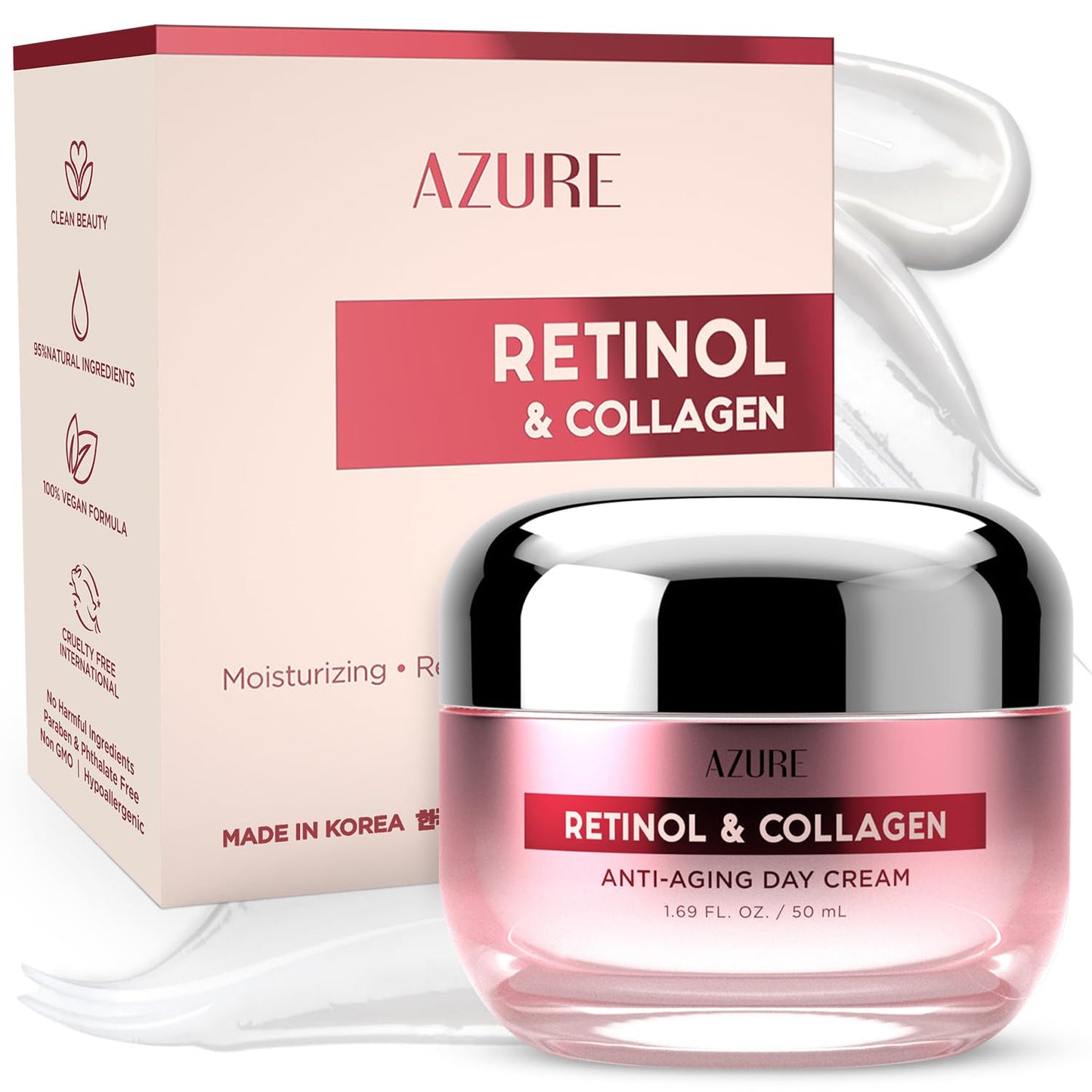 Azure Cosmetics Retinol &amp;amp; Collagen Moisturizer For Face - Dermatologist Tested, Anti-Aging - Skin Tightening, Fine Lines and Wrinkles Treatment Face Cream - Korean Skin Care - All Skin Type 1.69 fl oz