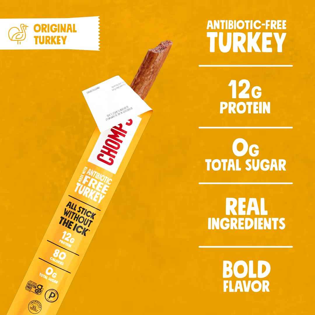 Chomps Jerky Meat Snack Sticks 10-Pack - Keto, Paleo, Low Carb, Whole30 Approved, 12g Lean Meat Protein, Gluten Free, Antibiotic Free, Zero Sugar Food