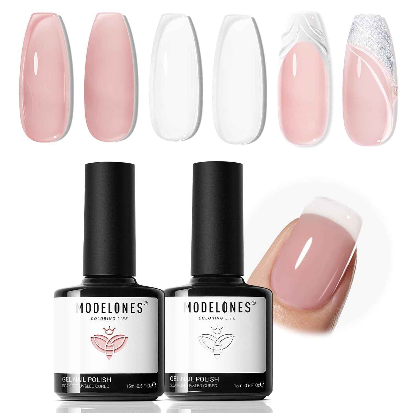 modelones Builder Nail Gel, 2 Pcs Clear and Cover Nude Builder Nail Polish, 8-in-One Apex Building Thickening Strengthener Extension Rubber Color Base Gel for DIY Home Salon Gifts LED Lamp Cured 10ml