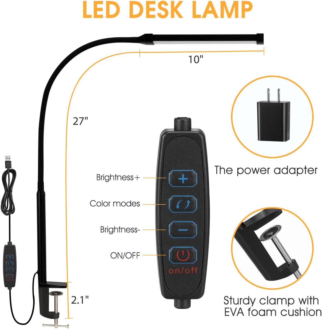 LED_Desk_Lamp_with_Clamp,_Eye-Caring_Clip_on_Lights_for_Home_Office,_3_Modes_10_Brightness,_Long_Flexible_Goose-Neck,_Metal,_Swing_Arm_Architect_Task_Table_Lamps_with_USB_Adapter,_Black/White_and_Silver