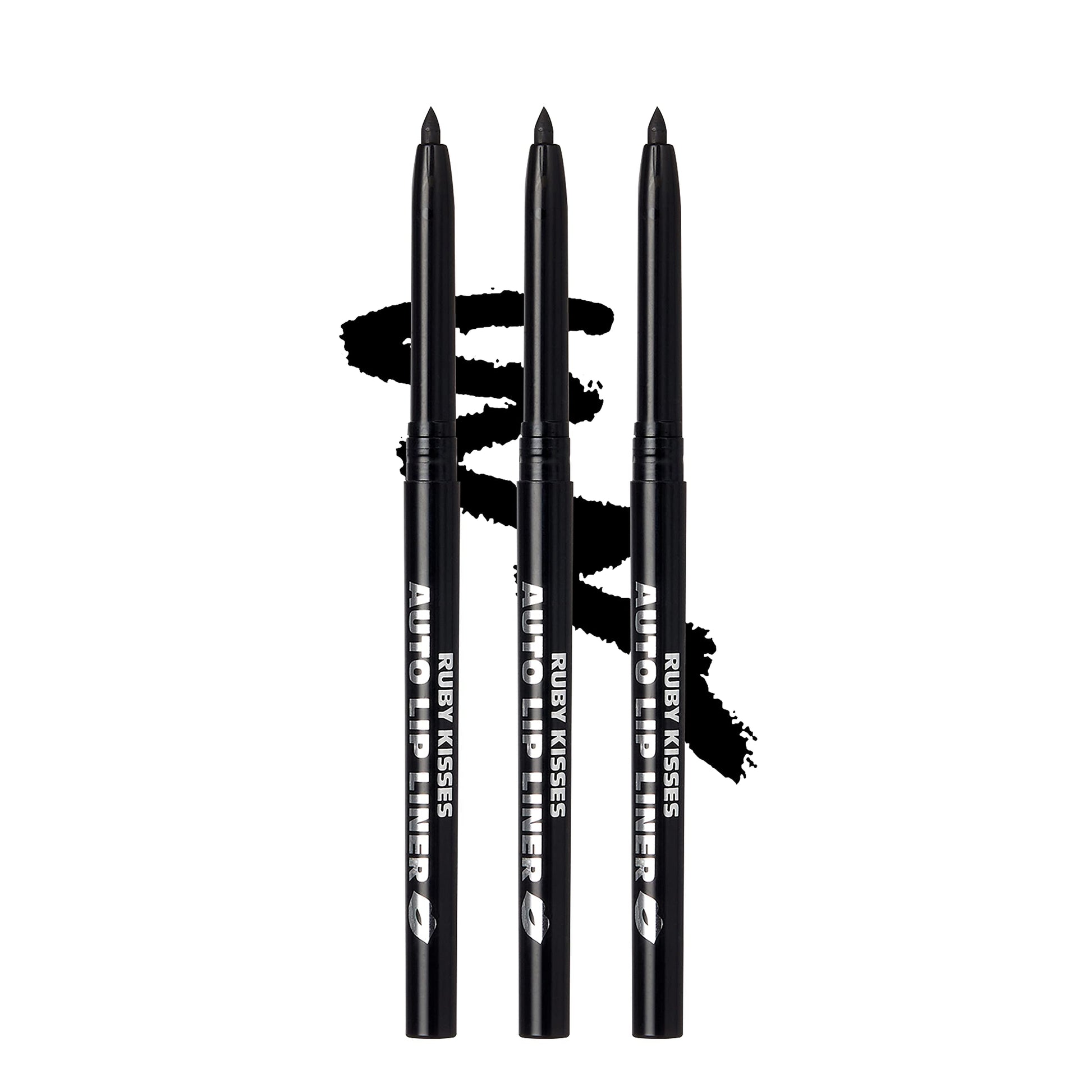 Ruby Kisses Auto Lip Liner Pencil (Black 3 Pack), Long Lasting &amp;amp; Non-Fading, Smooth Application, Non-Feathering with Rich Pigmented Color, No Sharpener Needed, Ideal for Full Lips Look