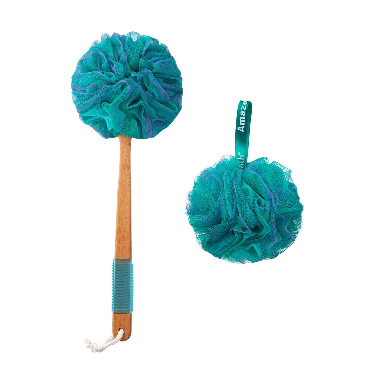 AmazerBath Shower Sponge Loofah Back Scrubber, PE Soft Mesh Loofah Body Scrubber with Long Wooden Handle, Bath Sponge for Men Women