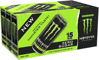 Monster Energy Zero Sugar, Green, Original, Low Calorie Energy Drink, 16 Ounce (Pack of 15), Can