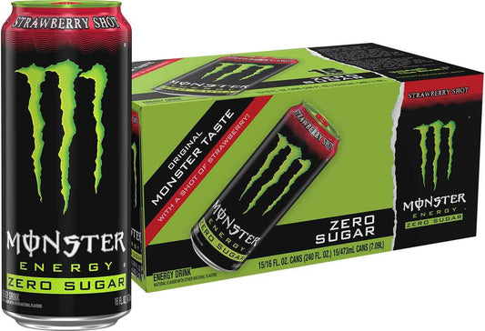 Monster Energy Zero Sugar Strawberry Shot, Green, Original, Free Energy Drink, 16 Ounce Can (Pack of 15)