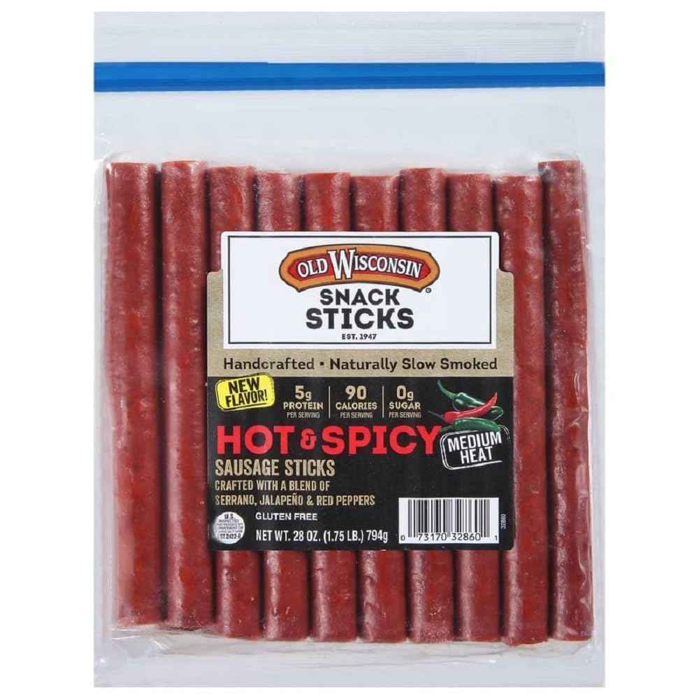 Old Wisconsin Hot & Spicy Sausage Snack Sticks, Naturally Smoked, Ready to Eat, High Protein, Low Carb, Keto, Gluten Free