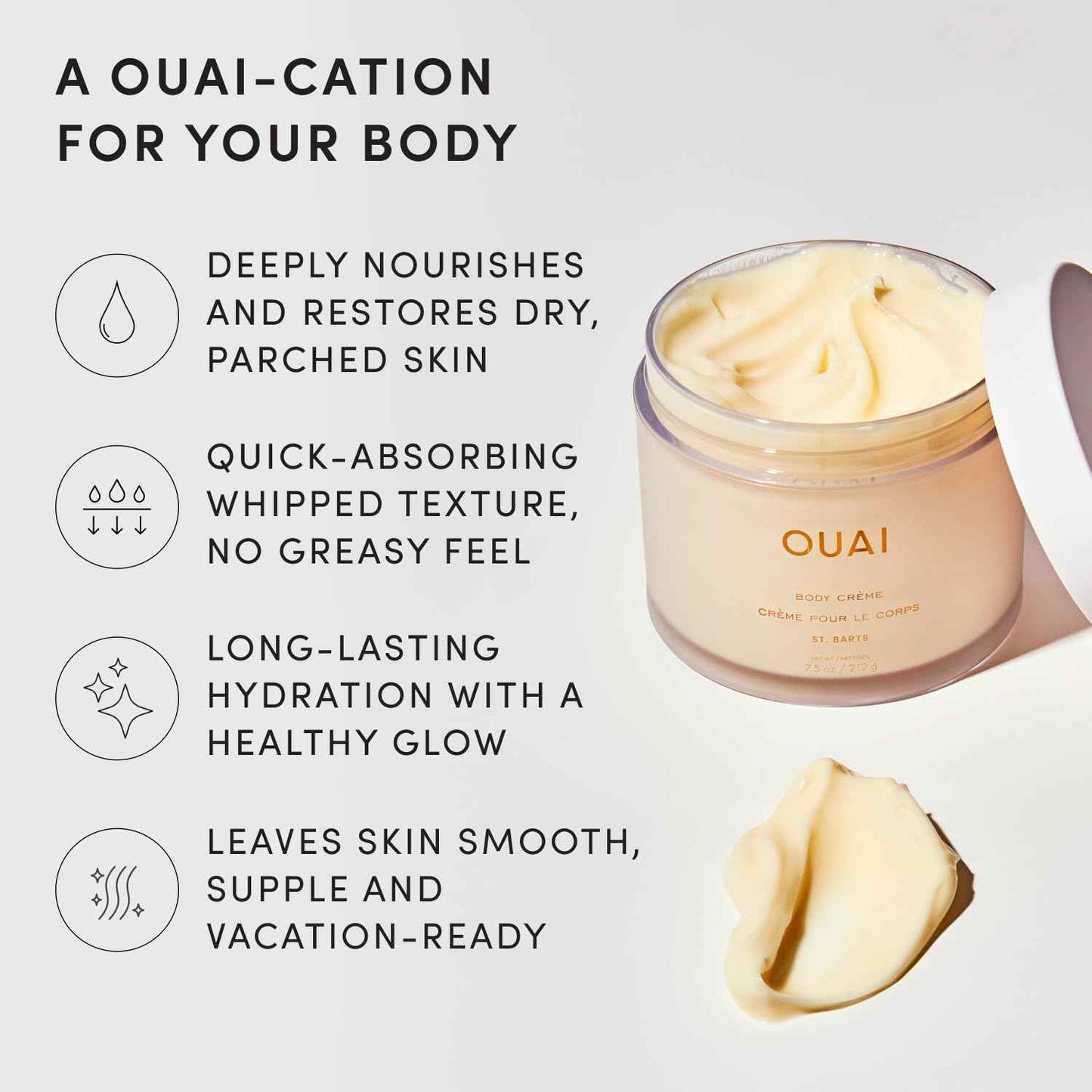 OUAI Body Cream, Hydrating Whipped Body Cream with Cupuaçu Butter, Coconut Oil and Squalane - Softens Skin and Delivers Healthy-Looking Glow - Sulfate-Free Skin Care