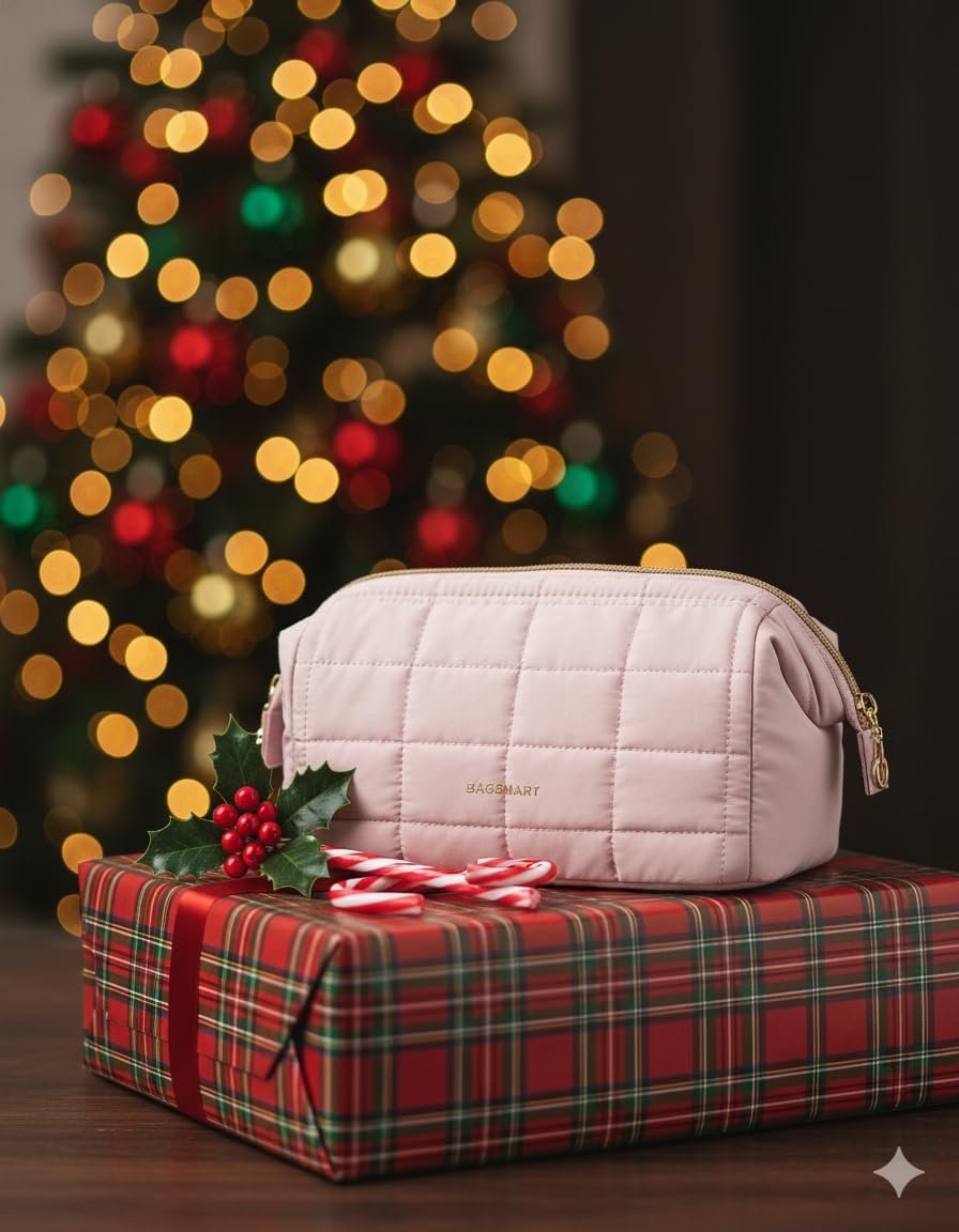 BAGSMART_Makeup_Bag_Travel_Toiletry_Bag,_Puffy_Padded_Make_Up_Bags_for_Women_Makeup_Organizer_Case,_Wide-open_Pouch_Purse_Travel_Essentials_Toiletries_Accessories_Brushes,_Pink