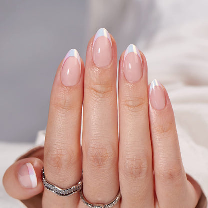 BTArtbox French Tip Press On Nails - White Press On Nails Almond, Short Fake Nails with Nail Glue, Fit Perfectly &amp;amp; Natural Reusable Stick on Nails in 16 Sizes, Mermaid