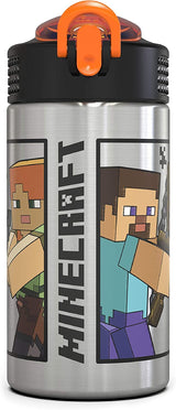 Zak Designs Minecraft - Stainless Steel Water Bottle with One Hand Operation Action Lid and Built-in Carrying Loop, with Straw Spout is Perfect for Kids (15.5 oz, 18/8, BPA-Free) Drinkware Cup Tumbler Portable Bottled Washable Reusable Mug Flasks