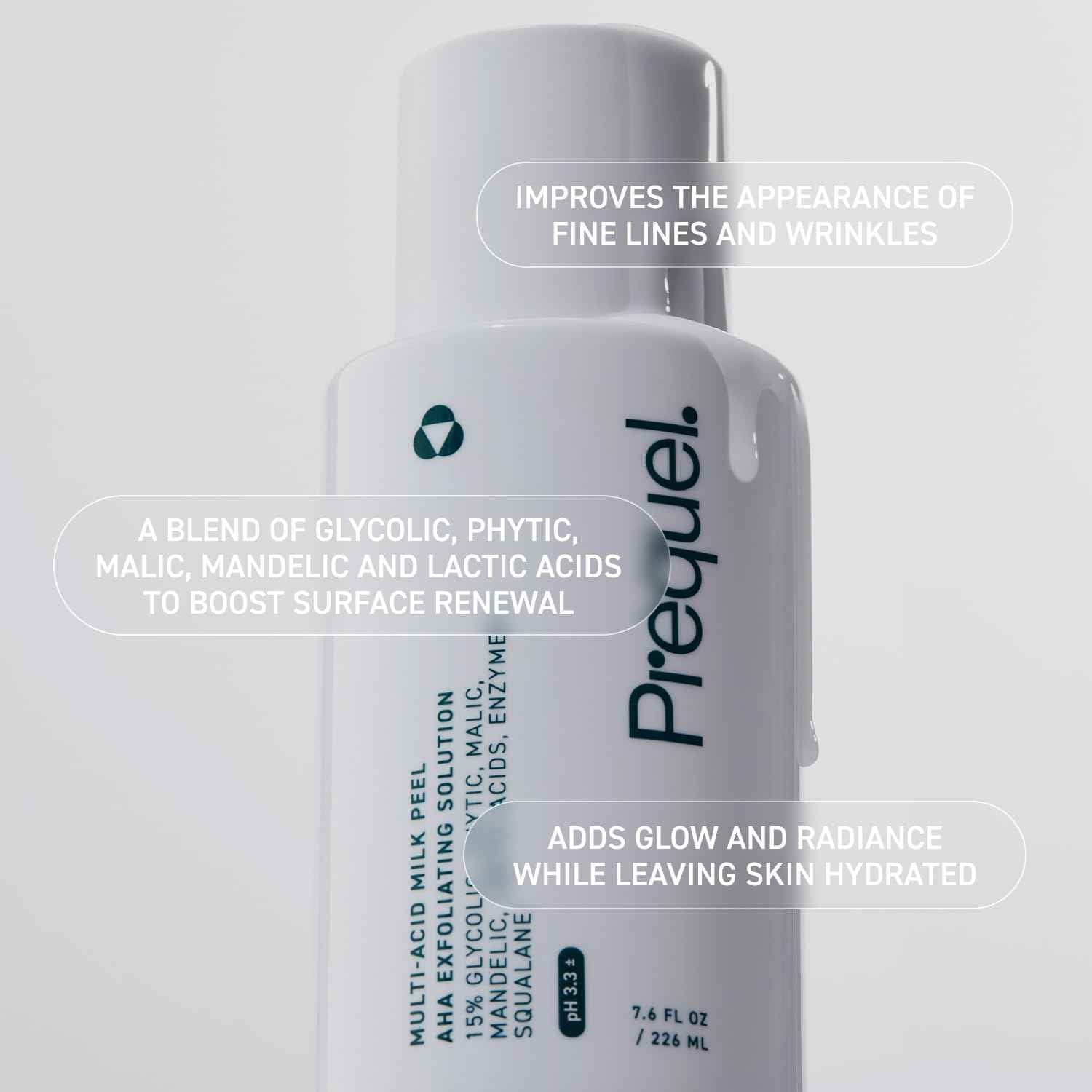 Prequel Skin Multi-Acid Milk Peel, Professional Exfoliating Solution. 15% Glycolic Acid Face Peel with Lactic Acid and Enzymes. Hydrating Chemical Exfoliant. Clinical Strength Formula, 7.6oz Bottle.