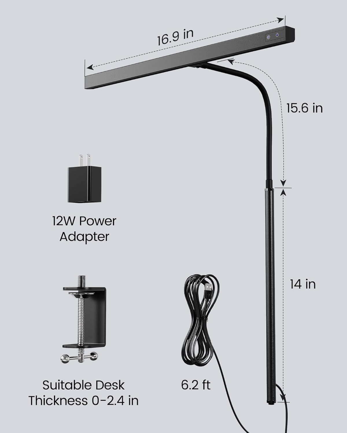 SUPERDANNY_LED_Desk_Lamp_for_Office_Home,_Eye-Caring_Desk_Light_with_Adjustable_Gooseneck,_12W_Touch_Control_Dimmable_Brightness,_Architect_Clamp_Lamp_with_USB_Adapter_for_Reading_Study_Workbench