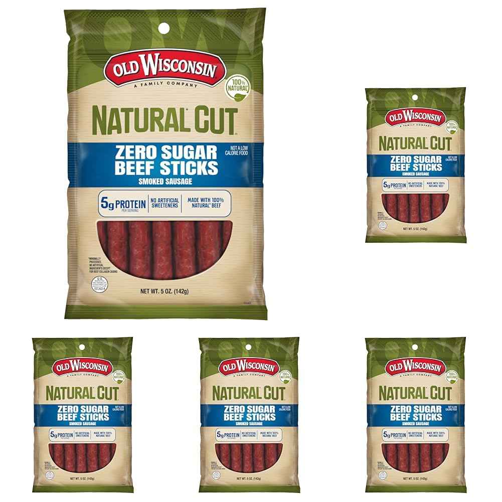 Old Wisconsin Natural Cut Beef Sausage Snack Sticks, Zero Sugar, Naturally Smoked, Ready to Eat, High Protein, Low Carb, Keto, Gluten Free, No Artificial Preservatives or Nitrates, 5 Ounce