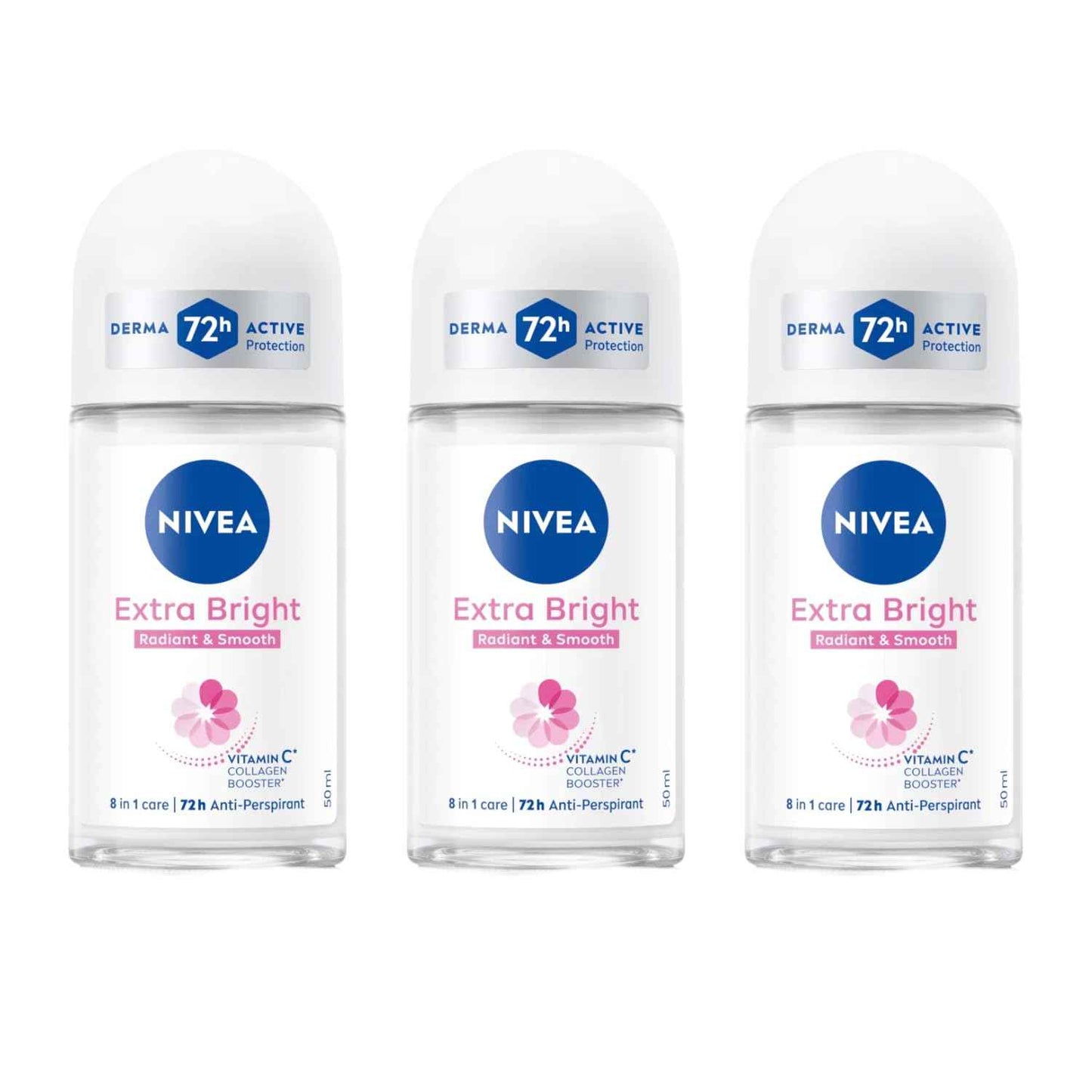NIVEA Extra Bright 8 Super Food Vitamin C Collagen Booster Underarm Roll-On Deodorant, Alcohol-Free, 72HR Odor Protection, Smooth & Bright Skin, 50ml, 1.69oz, Pack of 3