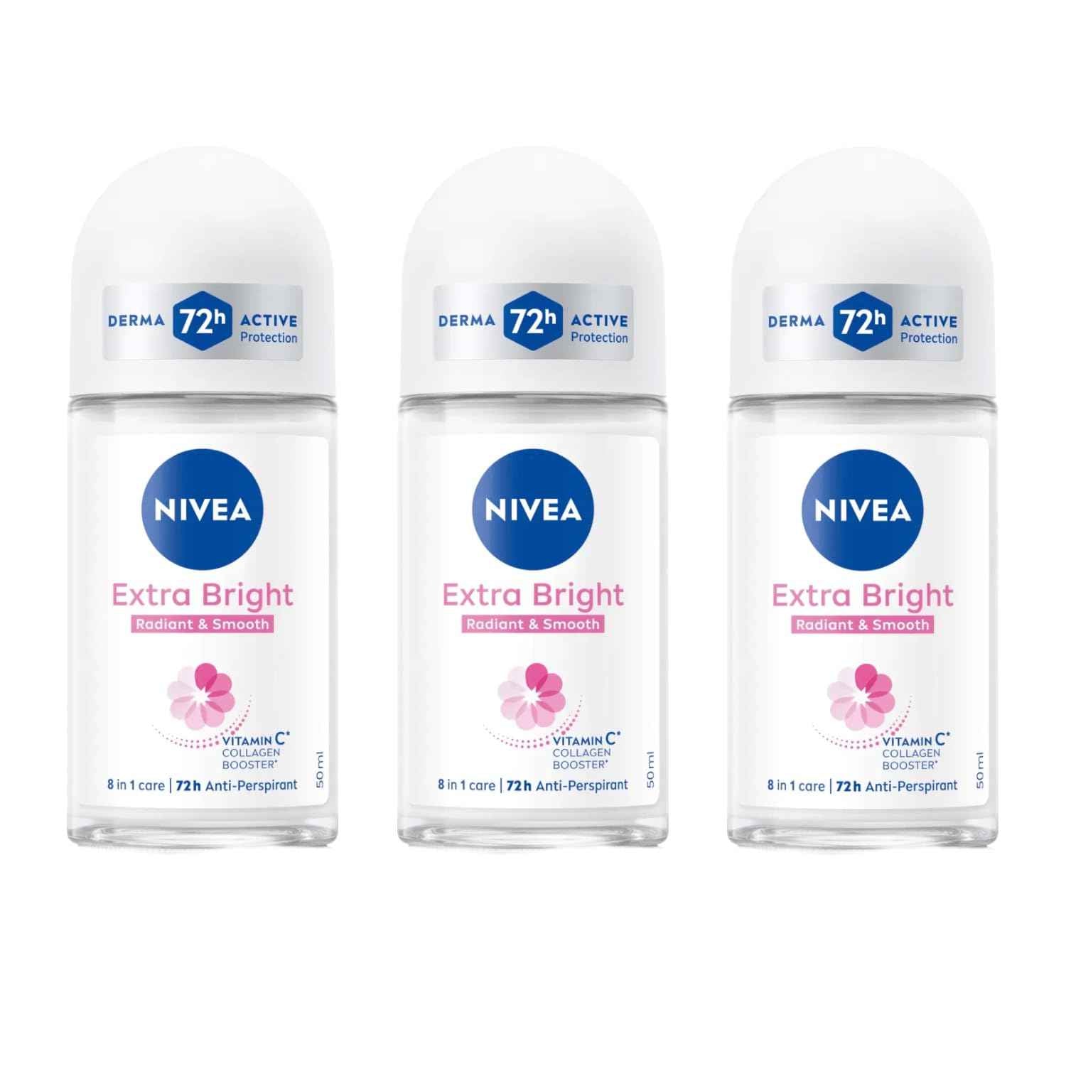 NIVEA Extra Bright 8 Super Food Vitamin C Collagen Booster Underarm Roll-On Deodorant, Alcohol-Free, 72HR Odor Protection, Smooth & Bright Skin, 50ml, 1.69oz, Pack of 3