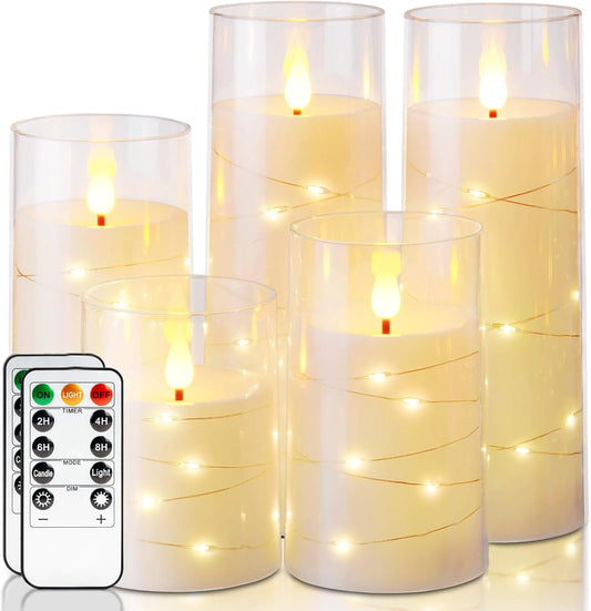 Homemory_Flameless_Candles_with_Embedded_Star_String_Fairy_Lights,_Battery_Operated_Candles,_LED_Candle,_Fake_Candles_with_Remote_Control_and_Timer,_Ivory,_Set_of_5(H4_5"_6"_8"_8")