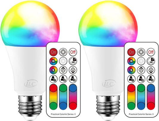 ILC_Color_Changing_LED_Light_Bulb,_120_Colors,_2700K_Warm_White,_70_Watt_Equivalent,_DIY_Strobe,_RGB_with_Remote_Control,_LED_10W_A19_E26_Screw_(Pack_of_2)