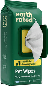 Earth Rated Pet Wipes for Dogs and Cats, Hypoallergenic, 3-in-1 Cleaning, Deodorizing and Hydrating, for Grooming Paws, Body and Butt, New