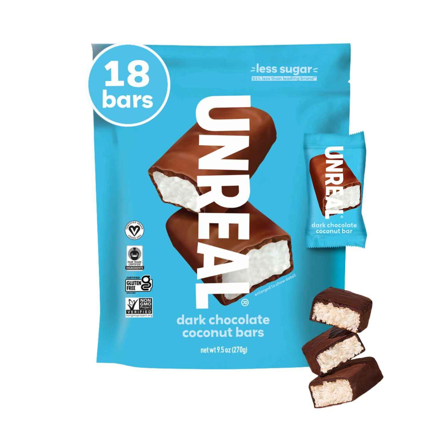 UNREAL Dark Chocolate Coconut Bars | Vegan, 3g Sugar, & 3 Simple Ingredients | Non-GMO, Gluten Free, & Fair Trade | 9.5oz