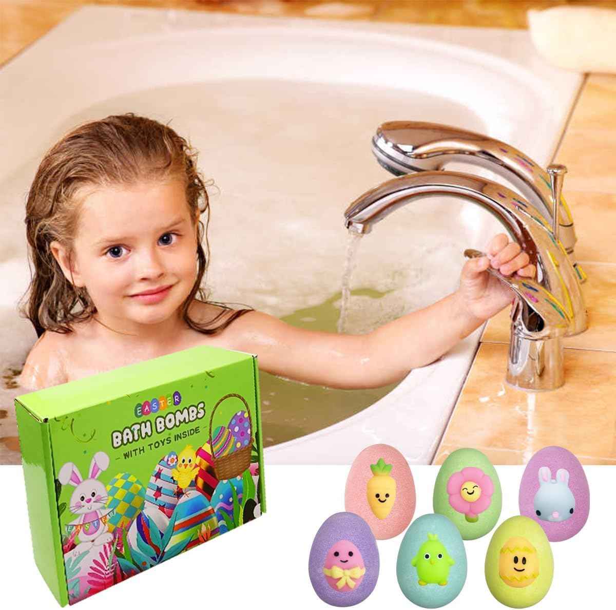Jofan 6 Pack Easter Bubble Bath Bombs with Easter Squishy Toys Inside for Kids Girls Boys Easter Basket Stuffers Gifts