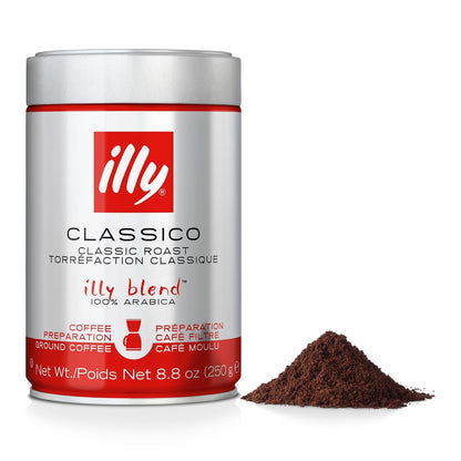 Illy_Classico_Ground_Drip_Coffee,_Medium_Roast,_Classic_Roast_With_Notes_Of_Chocolate_&_Caramel,_100%_Arabica_Coffee,_No_Preservatives,_8.8_Ounce_(Pack_Of_1)