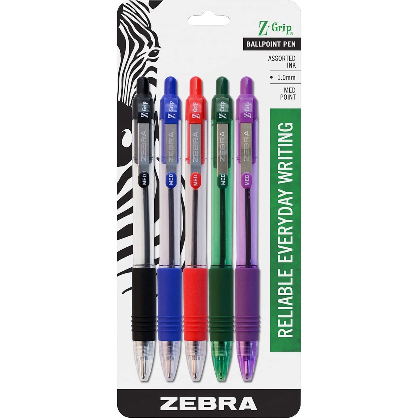 Zebra Pen Z-Grip Ballpoint Retractable Pen, 1.0mm, Assorted, 5-Pack
