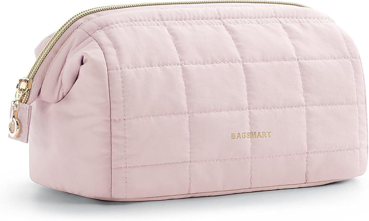 BAGSMART_Makeup_Bag_Travel_Toiletry_Bag,_Puffy_Padded_Make_Up_Bags_for_Women_Makeup_Organizer_Case,_Wide-open_Pouch_Purse_Travel_Essentials_Toiletries_Accessories_Brushes,_Pink