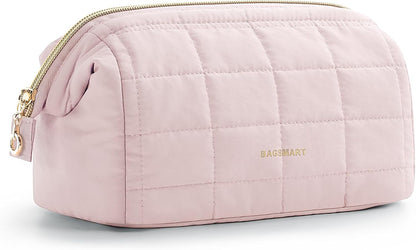 BAGSMART_Makeup_Bag_Travel_Toiletry_Bag,_Puffy_Padded_Make_Up_Bags_for_Women_Makeup_Organizer_Case,_Wide-open_Pouch_Purse_Travel_Essentials_Toiletries_Accessories_Brushes,_Pink