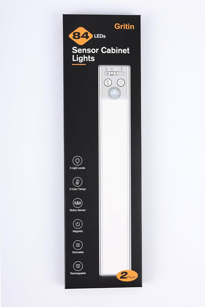 Gritin_10.2inch/_14.7_inch_Under_Cabinet_Lighting_Rechargeable_-84_LED_Super_Bright,3-Color&_5_Level_Brightness,4_Modes,Motion_Sensor,Long_Lasting-_Easy_Installation_Magnetic_Under_Cabinet_Closet_Lights_-2_Pack