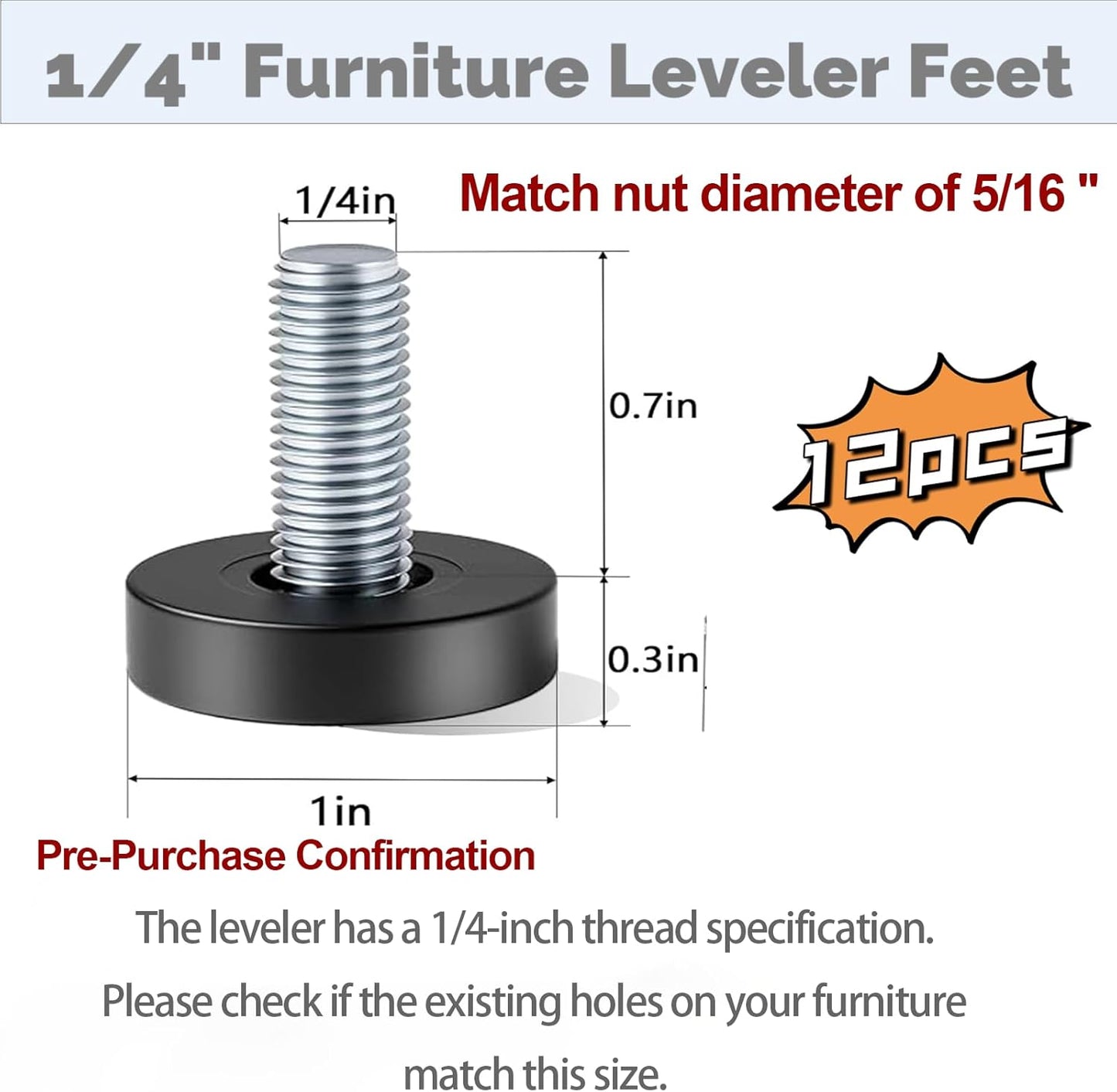 12_Pcs_1/4"_Thread_Leveling_Feet,_Adjustable_Furniture_Feet_Threaded_Screw_in_for_Table_Leveling_Feet_Screw,_for_Table,_Cabinets,_Chairs,_Stool_Legs