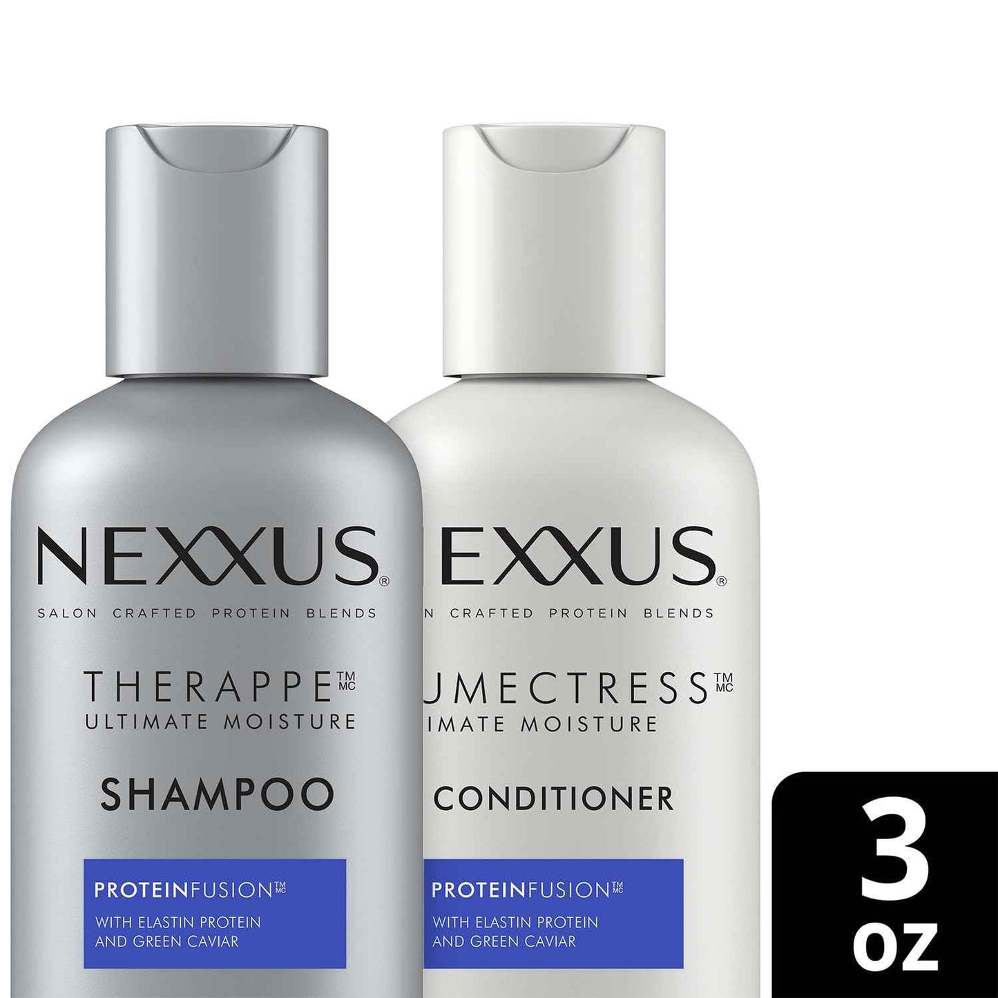 Nexxus Therappe Shampoo and Humectress Conditioner, Travel-Size – Ultimate Moisture for Dry Hair with Elastin Protein and Green Caviar