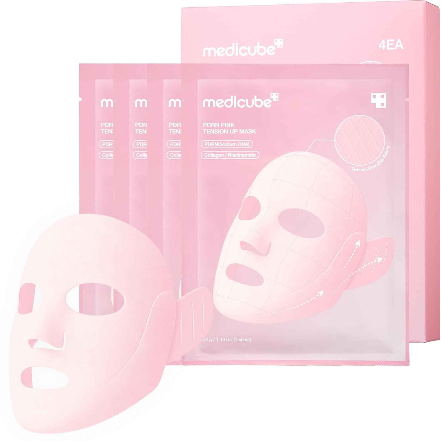 medicube PDRN Pink Tension Up Mask | 3-Step V-line Mask for Contoured-Looking Chin & Jawline | Full-Face Firming Care with Salmon PDRN, NAD & Caffeine | Korean Skincare, 34g x 4ea + Tightening Band