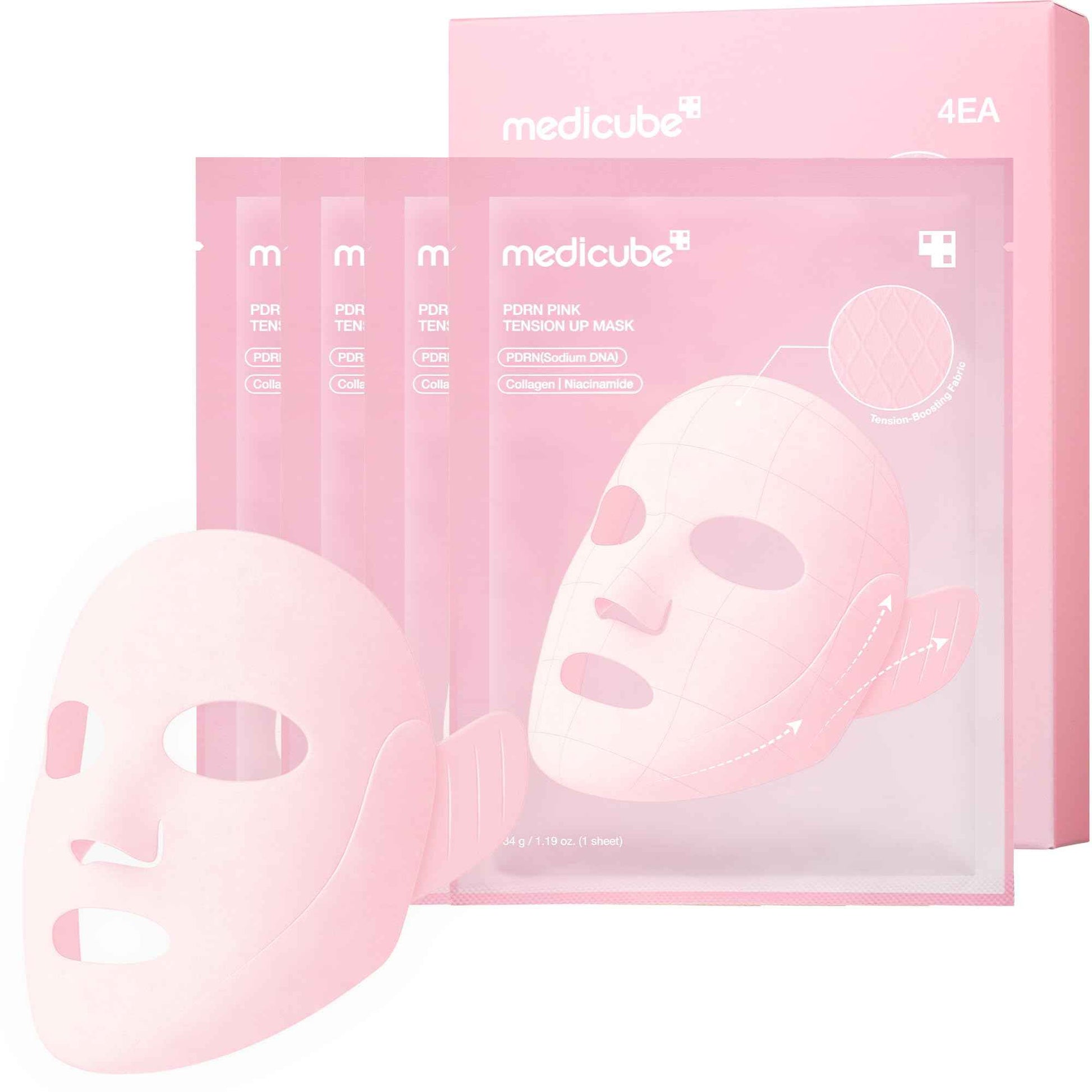 medicube PDRN Pink Tension Up Mask | 3-Step V-line Mask for Contoured-Looking Chin & Jawline | Full-Face Firming Care with Salmon PDRN, NAD & Caffeine | Korean Skincare, 34g x 4ea + Tightening Band